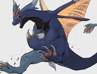 4_claws 4_toes ambiguous_gender anthro black_body black_ears black_eyes black_sclera black_skin claws countershading duo feet feral glowing glowing_markings holding_object horn jumping markings membrane_(anatomy) membranous_wings open_mouth orange_eyes orange_horn orange_wings purple_arms purple_body purple_eyes purple_horn purple_legs purple_skin purple_tail simple_background spread_wings tail toes wings kua doratama mythology black_lizard_(doratama) illusia_(doratama) dragon mythological_creature mythological_scalie reptile scalie venom_princess_lacerta_(doratama) young_plague_dragon_(doratama) 2025 digital_drawing_(artwork) digital_media_(artwork)