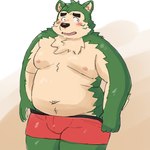 anthro belly big_belly black_nose blush bulge clothing green_body kemono male moobs navel nipples overweight overweight_male solo underwear yaki_atsuage lifewonders live_a_hero mokdai canid canine canis domestic_dog mammal 1:1 2022 hi_res