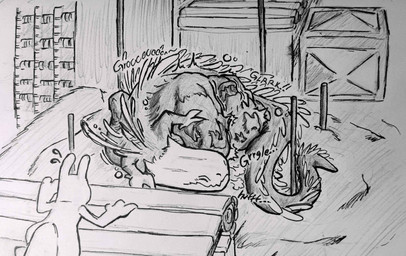 abdominal_bulge belly_on_ground bodily_fluids breath digestion digestion_noises feral feral_pred feral_prey group hand_on_belly imprint long_tail lying mass_vore multiple_pred multiple_prey on_side onomatopoeia oral_vore panting sound_effects sweat sweatdrop tail text vore nommsalotl rain_world videocult lizard_(rain_world) slugcat hi_res traditional_media_(artwork)