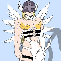 armor athletic athletic_male blonde_hair bulge clothed clothing cosplay hair harness headgear helmet leather leather_harness leotard male navel not_furry pecs skimpy solo wings gerusyu bandai_namco digimon angel angemon digimon_(species) humanoid winged_humanoid 1:1 hi_res