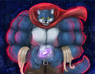 anthro big_muscles blue_body blue_fur cosmic_background fur galaxy macro male muscular muscular_male pecs scarf solo space yellow_eyes teh-evil-tigress dragon_ball dragon_ball_super bergamo canid canine canis mammal wolf absurd_res hi_res