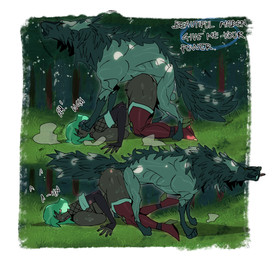 all_fours armwear ass_to_ass balls before_and_after bestiality big_breasts bodily_fluids border breasts clothed clothed_female clothed_human clothing day dialogue doggystyle dominant dominant_feral dominant_male duo elbow_gloves female feral feral_penetrating feral_penetrating_human fishnet_clothing fishnet_topwear forest from_behind_position fur genitals gloves grass green_body green_fur green_hair hair handwear huge_breasts human_on_feral human_penetrated interspecies knotting legwear looking_pleasured male male/female medium_hair obscured_penetration outside_sex paws penetration penile penile_penetration penis_in_vagina plant quadruped sex shadow submissive submissive_female submissive_human sweat sweatdrop sweaty_body tail talking_to_another text thigh_highs topwear tree vaginal vaginal_knotting vaginal_penetration white_border jijis-waifus canid canine canis human mammal wolf colored english_text hi_res shaded