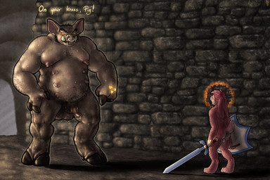 anthro balls belly body_hair command corruption duo erection fur genitals glistening glowing glowing_eyes hooves long_ears male male/male melee_weapon mind_control multi_nipple musclegut muscular nipples nude paws penis pink_body pink_fur pubes shield size_difference standing sword text transformation tri-force weapon mot a_link_to_the_past nintendo the_legend_of_zelda ganon link_(rabbit_form) domestic_pig lagomorph leporid mammal rabbit suid suine sus_(pig) 3:2 digital_media_(artwork) english_text hi_res