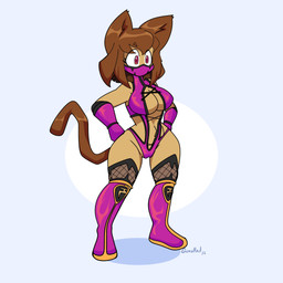 anthro armor big_breasts breasts brown_hair cleavage clothed clothing cosplay crossover_cosplay female hair red_eyes solo unconvincing_armor under_boob gunshad gameoverse glitch_productions mortal_kombat kit_bodega mileena domestic_cat felid feline felis mammal 1:1 absurd_res crossover hi_res