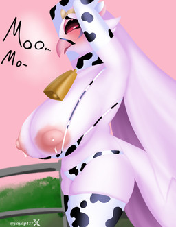 accessory animal_print animal_print_bikini anthro areola big_breasts big_butt bikini bikini_top bodily_fluids bracelet breasts butt clothing cow_print cow_print_bikini cow_suit cowbell dairy_products exposed_breasts feathers female food footwear fur huge_breasts jewelry lactating milk nipples pattern_bikini pattern_clothing pattern_swimwear pink_areola pink_nipples red_eyes simple_background socks solo swimwear tail thick_thighs two-piece_swimsuit white_body white_fur elelite hellaverse helluva_boss stella_(helluva_boss) avian humanoid absurd_res hi_res