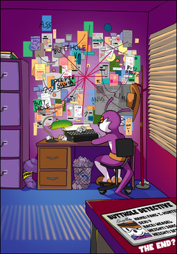 anthro belt big_nose black_nose brown_belt brown_clothing brown_gloves brown_handwear brown_hat brown_headwear chair clothing conspiracy conspiracy_board detective dildo facepalm fedora filing_cabinet fur furniture furniture_lamp gloves handwear hat hat_rack headgear headwear license male office office_chair purple_body purple_fur sex_toy solo text trash_can typewriter tinydevilhorns sega sonic_the_hedgehog_(series) fang_the_hunter dipodid jerboa mammal rodent 2026 absurd_res comic english_text hi_res
