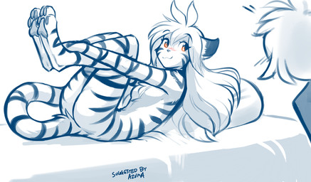 4_toes anthro bangs bed bedroom_eyes blue_line_art blue_text blush blush_lines breasts butt canon_couple claws clothed clothed_human clothed_male clothing countershading curled_up dialogue digitigrade duo facial_markings featureless_breasts featureless_crotch feet female fur furniture hair head_markings head_turned interspecies legs_up long_hair long_tail looking_aside looking_at_another looking_at_partner lying makeup male male/female markings mascara narrowed_eyes nude nude_anthro nude_female on_back on_bed on_pillow orange_eyes pawpads pillow pupils red_blush seductive short_hair simple_background slit_pupils smile solo_focus striped_arms striped_back striped_body striped_face striped_fur striped_legs striped_markings striped_tail stripes tail tail_markings text thin_tail toe_claws toes username white_background conditional_dnp tom_fischbach twokinds flora_(twokinds) trace_legacy felid human keidran mammal pantherine tiger 2025 adobe_photoshop_(artwork) blue_and_white colored_line_art comic digital_media_(artwork) english_text hi_res monochrome sketch spot_color