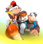 anthro arm_on_head backpack banana baseball_cap big_tail black_nose blue_eyes brown_body brown_fur buckteeth clothed clothing eating food footwear fruit fur gesture grass group hand_gesture hat headgear headwear jacket jewelry looking_at_viewer lying male necklace nipples on_front orange_body orange_fur plant shirt shirtless shirtless_male shoes simple_background sitting sitting_on_ground smile tail teeth topwear trio v_sign acrossthestreetfromyou banjo-kazooie conker's_bad_fur_day donkey_kong_(series) nintendo rareware banjo_(banjo-kazooie) conker diddy_kong bear haplorhine mammal monkey primate rodent sciurid tree_squirrel 2025 digital_media_(artwork) hi_res
