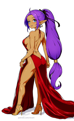 accessory back_groove blue_eyes bow_ribbon bracelet breasts butt centered_hair_bow clothing dress ear_piercing ear_ring eyebrows eyelashes feet female footwear hair hair_accessory hair_bow hair_ribbon hair_ring high_heels humanoid_pointy_ears jewelry long_hair not_furry piercing pointy_ears ponytail presenting presenting_hindquarters purple_hair red_clothing red_dress ribbons ring_piercing shoes side_boob smile solo revenant_(artist) shantae_(series) wayforward shantae genie humanoid 2026