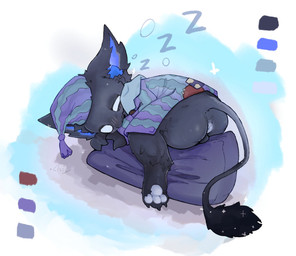 3_toes anthro anus backsack balls barefoot beak beak_closed big_ears biped black_balls black_beak black_body black_fur black_tail black_tail_tuft blue_clothing blue_hat blue_headgear blue_headwear blue_inner_ear blue_pajamas blue_topwear blush blush_lines bottomless bottomless_anthro bottomless_male butt claws clothed clothed_anthro clothed_male clothing empty_eyes feet fur genitals grey_anus grey_pawpads hat headgear headwear hindpaw lightened_anus lying male male_anthro mouth_closed multicolored_clothing narrowed_eyes nightcap on_front on_pillow pajamas pattern_clothing pattern_hat pattern_headgear pattern_headwear pattern_pajamas pattern_topwear pawpads paws perineum pillow puffy_anus purple_clothing purple_hat purple_headgear purple_headwear purple_pajamas purple_topwear raised_tail semi-anthro simple_background sleeping sleepwear small_claws solo sound_effects striped_clothing stripes tail tail_tuft three-quarter_view toe_claws toes topwear tuft vowelless vowelless_sound_effect waking_up white_eyes young young_anthro young_male zzz .chiy deadlock_(game) mythology valve rem_(deadlock) avian chimera dream_creature gryphon mythological_avian mythological_creature 2026 hi_res
