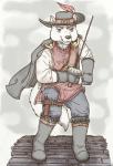 anthro boots clothed clothing costume footwear fur hat headgear headwear male melee_weapon musketeer shoes simple_background solo sword weapon white_body white_fur young young_anthro lavilovi canid canine canis mammal wolf digital_media_(artwork) hi_res