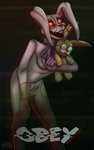 :d anthro bent_over black_background black_nose breasts buckteeth clothed clothing duo featureless_breasts female glowing glowing_eyes green_eyes long_ears looking_at_viewer male multicolored_body multicolored_ears open_mouth patch_(fabric) pink_ears plushie red_eyes red_sclera simple_background smile solo standing static stitch_(sewing) tan_body tan_ears teeth text topwear toy vest white_body white_ears yellow_body yellow_ears twinkattstudios five_nights_at_freddy's five_nights_at_freddy's:_help_wanted five_nights_at_freddy's:_security_breach scottgames steel_wool_studios glitchtrap plush_glitchtrap_(fnaf) vanny_(fnaf) lagomorph leporid mammal rabbit 2020 absurd_res english_text hi_res