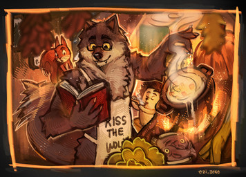 black_nose book claws cooking cooking_pot duo eyewear fur glasses group multicolored_body multicolored_fur orange_body orange_fur reading reading_book trio two_tone_body two_tone_fur wearing_glasses yellow_eyes ezi_zeke intermarche_unloved the_first_wolf_(unloved) canid canine canis eulipotyphlan hedgehog mammal rodent sciurid tree_squirrel wolf colored hi_res signature