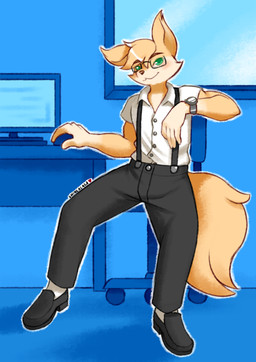 anthro bottomwear clock clothing collared_shirt computer dress_shirt electronics eyewear glasses green_eyes male pants shirt solo topwear watch shinlalala canid canine fox mammal absurd_res hi_res