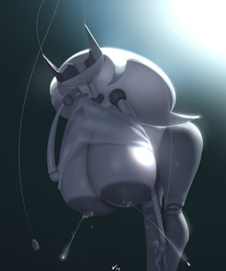 antennae_(anatomy) anthro areola bent_over big_areola big_breasts big_nipples biped bodily_fluids breasts clothed clothing exposed_breasts female fingers front_view glistening gradient_background grey_areola grey_nipples hanging_breasts huge_breasts lactating light monotone_body nipples obscured_eyes simple_background smile solo standing text three-quarter_view translucent white_body dibujosv12 nintendo pokemon generation_7_pokemon pheromosa pokemon_(species) ultra_beast 2025 absurd_res artist_name digital_drawing_(artwork) digital_media_(artwork) hi_res