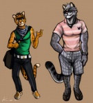 anthro bottomwear clothing collar duo eyewear footwear glasses male messenger_bag piercing sandals shoes shorts slacks smile sunglasses tail k-ho cheetah felid feline mammal pantherine snow_leopard hi_res