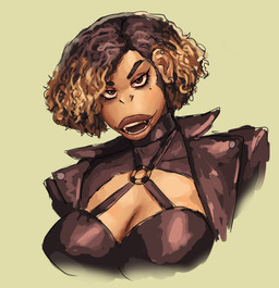 anthro big_breasts black_body black_fur black_hair breasts cleavage clothed clothing ear_piercing ear_ring eyelashes facial_piercing fangs female fur hair highlights_(coloring) jacket lips looking_at_viewer markings mole_(marking) nose_piercing piercing red_eyes ring_piercing short_hair simple_background solo teeth thick_lips topwear redustheriotact claire_(redustheriotact) haplorhine mammal monkey primate 2023 hi_res