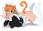 animal_ears animal_tail apron big_breasts big_butt black_clothing black_eyes black_topwear bottomless breasts butt clothed clothing colored_nails eyelashes feet female fur hair legwear long_hair looking_at_viewer lying maid_apron maid_headdress maid_uniform nails on_front open_mouth open_smile orange_body orange_fur orange_hair orange_nails simple_background smile solo sparkles tan_body tan_skin thick_thighs thigh_highs topwear uniform white_apron white_background white_clothing white_legwear white_thigh_highs wide_hips maidcousin animal_humanoid cat_humanoid felid felid_humanoid feline feline_humanoid humanoid mammal mammal_humanoid absurd_res hi_res