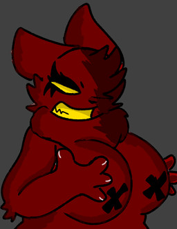 angry anthro artitties breast_squish breasts female fur grey_background mature_female pasties red_body red_fur simple_background solo squish text syzovux akupara_games rain_world videocult artificer_(rain_world) slugcat artist_name