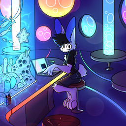 alcohol anthro aquarium bar_counter bar_stool beverage black_hair bottomwear clothing cocktail cocktail_glass computer container counter cup drinking_glass electronics fish_tank fur furniture glass glass_container glass_cup hair hoodie laptop male martini purple_body purple_fur shorts smile solo stool topwear vivarium white_body white_fur wide_eyed xing1 lagomorph leporid mammal rabbit 1:1 absurd_res hi_res