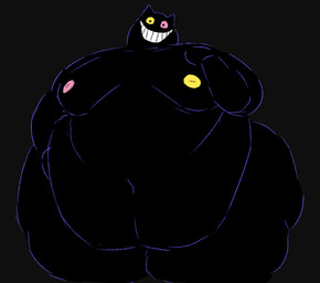 anthro big_moobs black_body black_fur fur heterochromatic_scleras looking_at_viewer male mismatched_nipples moobs nipples nude obese obese_anthro obese_male overweight overweight_anthro overweight_male pink_nipples pink_sclera smile smiling_at_viewer solo teeth thick_thighs yellow_nipples yellow_sclera the_noodl3r friend_(deltarune) domestic_cat felid feline felis mammal