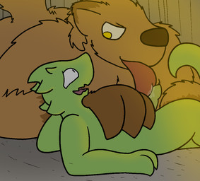 ambiguous_gender anthro anthro_on_anthro duo erection fur genitals male male/ambiguous nude open_mouth oral penis semi-anthro sex size_difference smile tongue toony yellow_eyes trout_(artist) gnoll hyena kobold mammal reptile scalie spotted_hyena 2016 aliasing digital_media_(artwork)
