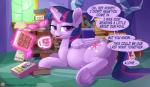 2017 book book_stack book_title conjoined_speech_bubble container cup cutie_mark dialogue dock_(anatomy) english_text equid equine eyewear feathered_wings feathers female feral friendship_is_magic glasses glowing hair half-closed_eyes hasbro heart_container heart_print heart_symbol hooves horn inside linked_speech_bubble looking_at_viewer magic mammal my_little_pony mythological_creature mythological_equine mythology narrowed_eyes open_mouth patreon patreon_logo pregnant purple_body purple_eyes purple_feathers pusspuss solo speech_bubble stack tail text text_in_heart title twilight_sparkle_(mlp) underhoof url winged_unicorn wings