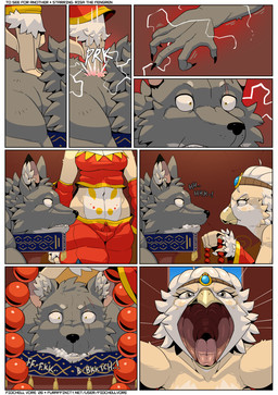 anthro beak breasts clothing duo imminent_vore inside male muscular navel open_mouth red_clothing fidchellvore avian canid canine canis mammal wolf 2026 comic