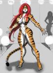 big_breasts black_lips breasts claws female genitals green_eyes hair lips looking_at_viewer nipples presenting pupils pussy red_hair slit_pupils solo spread_arms stripes thick_lips toe_claws johnnyharadrim marvel tigra felid humanoid mammal pantherine tiger hi_res