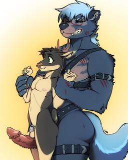 anthro antlers arm_grab arm_scar balls black_nose blue_body blue_fur blue_hair brown_body brown_fur brown_hair chastity_cage chastity_device chest_scar duo ear_piercing ear_ring erection eyes_mostly_closed facial_piercing facial_scar flat_chastity_cage fur genitals gold_nose_piercing gold_nose_ring green_eyes grey_body grey_fur hair hand_scar harness harness_only horn humanoid_hands industrial_piercing male male/male metal_chastity_cage narrowed_eyes navel nipples nose_piercing nose_ring nude_anthro nude_male penile_spines penis piercing pink_nipples pink_nose ring_piercing scar simple_background size_difference tan_body tan_fur wearing_chastity_cage wearing_chastity_device yellow_background doxy 2026 digital_drawing_(artwork) digital_media_(artwork) hi_res
