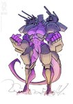 2021 abs anthro armor big_breasts breasts conditional_dnp dust_cloud empty_eyes featureless_crotch female gun headgear helmet jollyjack kaiju machine muscular muscular_anthro muscular_arms muscular_female muscular_thighs power_armor purple_body ranged_weapon reptile scalie shoulder_cannon solo tail weapon white_eyes