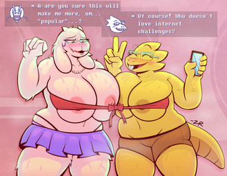 anthro areola big_breasts blush blush_lines bottomwear breasts cartoon_freckles clothed clothing crotch_lines dialogue duo eyelashes eyewear female freckled_face freckles gem glasses horn huge_breasts hyper jewelry long_eyelashes necklace nipple_dip pearl_(gem) pearl_necklace pose scales skirt squish tail text thick_thighs thong thong_straps topless underwear zixzs-redlight undertale_(series) alphys toriel bovid caprine goat mammal pangolin english_text hi_res