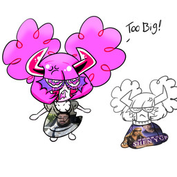 blush blush_lines clothing cross-popping_vein cute_fangs down_blouse fangs female hair hair_bun horn oversized_clothing oversized_shirt oversized_topwear pink_hair puffy_hair shirt simple_background solo teeth toony topwear unusual_eyes white_body white_skin komimoon oney_plays armenian_cory chocovania_(chocovania) edward_cullen demon humanoid imp 1:1 hi_res