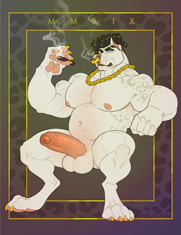 4_toes 5_fingers anthro balls barefoot biceps big_balls big_muscles big_pecs big_penis biped black_lips black_nose blue_eyes chain chain_jewelry chain_necklace cigar claws dreadlocks erection eyebrows facial_piercing feet fingers foreskin fur genitals glans gold_(metal) gold_chain gold_jewelry gold_nails gold_necklace gold_ring golden_claws gradient_background grey_background grey_body grey_fur grey_spots hair holding_cigar holding_object huge_pecs humanoid_genitalia humanoid_penis jewelry lips long_penis looking_at_viewer male markings multicolored_body multicolored_fur multicolored_nose musclegut muscular muscular_anthro muscular_male navel necklace nipples nose_piercing nose_ring nude partially_retracted_foreskin pawpads paws pecs penis piercing pink_glans pink_nipples pink_nose pink_pawpads pink_penis ring_piercing short_hair simple_background sitting smoke smoking snout solo spots spotted_body spotted_fur spread_legs spreading text thick_penis toes two_tone_nose urethra white_balls white_body white_fur kihu kingston_(redmonkey) canid canine canis domestic_dog mammal pit_bull 2019 url