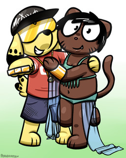 3_fingers 3_toes anthro black_body black_fur black_hair black_nose bottomwear brown_body brown_fur chain clothing costume duo eyewear feet female fingers fist fur gradient hair hand_on_chest hat headgear headwear jewelry male multicolored_body multicolored_fur navel pink_nose romantic romantic_couple shirt shorts smile standing sunglasses teeth toes topwear two_tone_body two_tone_fur whiskers yellow_body yellow_fur young onihidden target_miss alvo_(target_miss) mira_(target_miss) canid canine canis domestic_dog felid mammal 4:5 signature