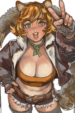 breasts clothing female fingerless_gloves freckled_breasts freckles gesture gloves green_eyes hand_gesture handwear jacket navel solo tail topwear v_sign mossa marvel squirrel_girl_(marvel) humanoid hi_res