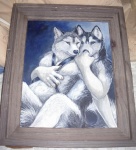 anthro blue_eyes brown_eyes duo framed harness hug leaning leaning_backward looking_at_viewer male male/male nude real romantic romantic_couple simple_background tail caribou_(artist) canid canine canis domestic_dog husky mammal nordic_sled_dog spitz wolf colored grandfathered_content painting_(artwork) traditional_media_(artwork)