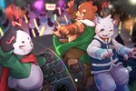 anthro clothing disco exclamation_point looking_at_viewer male one_eye_closed public slightly_chubby smile teeth wink young young_anthro mrshu bear canid canine giant_panda mammal raccoon_dog tanuki 2020 3:2 hi_res