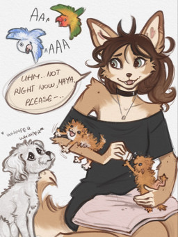 5_fingers ambiguous_gender anthro beak biped blue_body blue_tail brown_body brown_fur brown_hair brown_tail clothing countershade_torso countershading dialogue female feral fingers flying fur green_body green_eyes green_tail group hair holding_object jewelry kneeling looking_aside necklace open_mouth simple_background speech_bubble tail teeth text tongue topwear white_body white_fur wings yshanii cotton_(yshanii) avian bird canid canine canis dingo domestic_cat domestic_dog felid feline felis mammal 2025 3:4 digital_drawing_(artwork) digital_media_(artwork) english_text hi_res