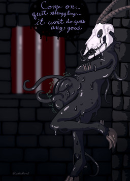 absorption_vore ambiguous_gender anthro basement bone bone_mask brick_wall castle claws dark digestion digestion_noises digitigrade dungeon face_imprint forced hand_imprint hooves imprint mask oral_vore prison skull skull_head skull_mask solo speech_bubble tentacles text unwilling_prey vore wall_(structure) darkbuckforest bovid caprine caprine_demon demon goat goat_demon goo_creature humanoid hybrid mammal absurd_res hi_res