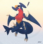 abstract_background anthro anthrofied breasts claws digitigrade exclamation_point eyelashes featureless_breasts featureless_crotch female open_mouth semi-anthro solo spikes spikes_(anatomy) wide_hips yellow_eyes corromon nintendo pokemon garchomp generation_4_pokemon pokemon_(species) 2022 hi_res