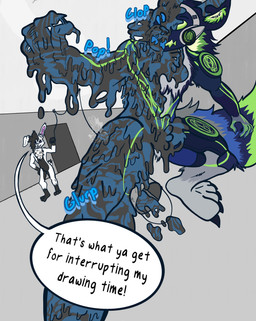dialogue goo_transformation latex machine paint revenge sound_effects speech_bubble text transformation trap_(contrivance) badaspen canid canine canis lagomorph leporid mammal protogen rabbit wolf 2025 absurd_res digital_media_(artwork) english_text hi_res