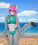 anthro bikini blue_eyes claws clothing cloud countershading dipstick_tail eyewear female fluffy fluffy_tail fur green_clothing grey_body grey_fur hair heart_sunglasses markings outside pink_hair sea sitting smile solo striped_body stripes sunglasses swimwear tail tail_markings two-piece_swimsuit wall_(structure) water atlas_jkb anya_(atlas_jkb) domestic_cat felid feline felis mammal 5:6 absurd_res hi_res shaded watermark