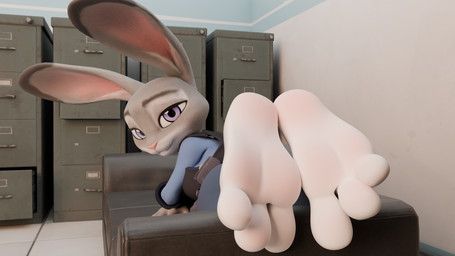 3_toes anthro barefoot clothing feet female filing_cabinet foot_fetish foot_focus furniture looking_at_viewer looking_back lying on_front paws police police_uniform sofa soles solo toes uniform twintails3d disney zootopia judy_hopps lagomorph leporid mammal rabbit 16:9 3d_(artwork) 4k absurd_res digital_media_(artwork) hi_res widescreen