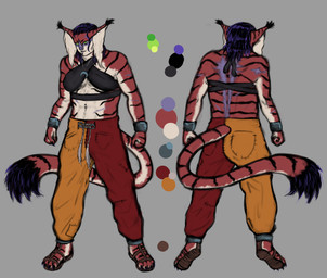 abs anthro clothed clothing female fluffy fully_clothed multicolored_body muscular scar solo standing tail marcyrott kaetlynn_(marcyrott) bat felid feline hybrid lynx mammal pantherine tiger absurd_res hi_res model_sheet