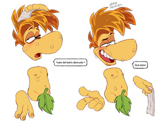 4_fingers blush bodily_fluids convenient_censorship dialogue fig_leaf fingernails fingers hair holding_object holding_towel leaf leaf_censor leaf_on_crotch male muscular muscular_male nails navel nipples nude nude_male on_model one_eye_closed open_mouth orange_hair pecs solo speech_bubble sweat text towel wet wet_body wet_skin rayfreakster rayman_(series) ubisoft rayman humanoid raypeople_(rayman) hi_res portrait spanish_text three-quarter_portrait