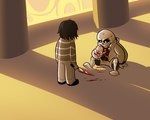 anthro blood bodily_fluids bone bottomwear clothing duo jacket knife male pants shadow shorts sitting skeleton sweater topwear blinkpen undertale undertale_(series) frisk_(undertale) sans_(undertale) animated_skeleton human mammal undead 5:4 low_res