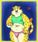 anthro belly big_cheeks chubby_cheeks clothing green_clothing male male_anthro overweight overweight_anthro overweight_male pink_clothing pink_underwear smile smiling_at_viewer solo underwear notamo disney zootopia benjamin_clawhauser cheetah felid feline mammal hi_res