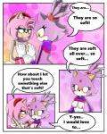 anthro big_eyes blush breast_grab breasts clothed clothing dialogue duo female female/female fur gloves green_eyes hair hand_on_breast handwear navel pink_body pink_fur pink_hair purple_body purple_fur text toony yellow_eyes sandunky sega sonic_the_hedgehog_(series) amy_rose blaze_the_cat domestic_cat eulipotyphlan felid feline felis hedgehog mammal 4:5 absurd_res comic english_text hi_res