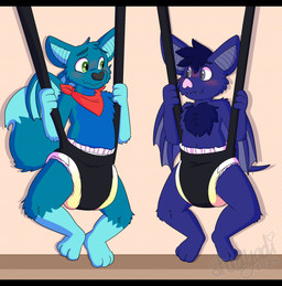 3_toes 4_fingers ambiguous_gender anthro baby_bouncer back_wings black_nose blue_body blue_fur blue_hair blue_inner_ear blue_tail blue_tail_tip blush blush_lines bodily_fluids clothed clothing diaper diaper_fetish diaper_only dipstick_tail duo eye_contact fangs feet fingers fur genital_fluids hair heart_symbol kerchief leg_markings looking_at_another markings neckerchief neckwear pink_nose red_kerchief red_neckerchief smile socks_(marking) suspension tail tail_markings teeth text toes topless unclean_diaper urine used_diaper wavy_mouth wearing_diaper wet_diaper white_diaper winged_arms wings shadyadi jacio_the_wolfbat james_(shadyadi) bat canid canine canis hybrid mammal wolf 2024 artist_name hi_res letterbox signature